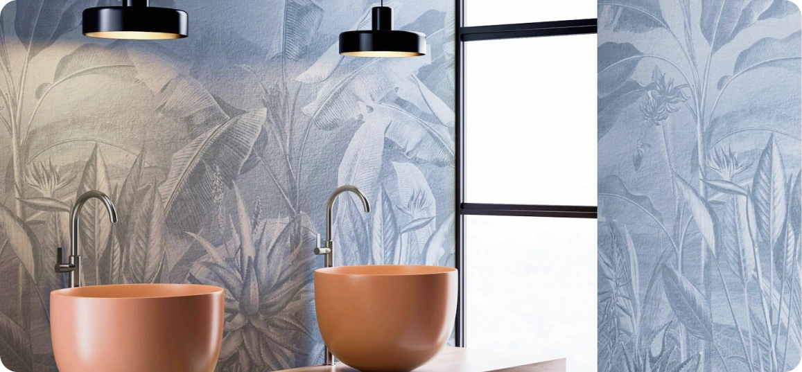 Blue Tropical Wallpaper with plaster texture